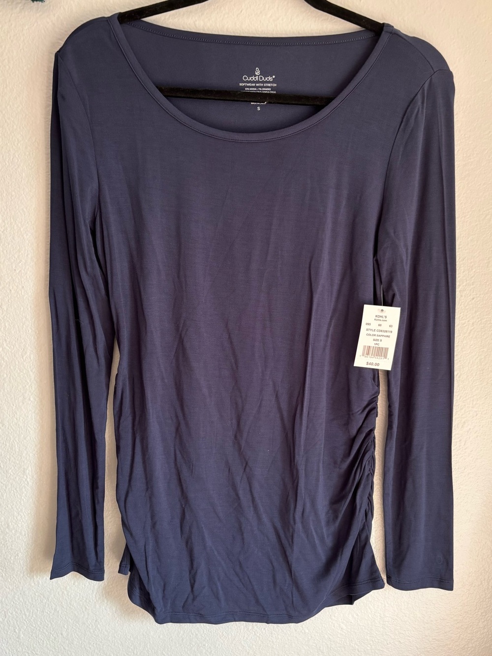 Kohl's Cuddl Duds women’s sz Small Navy Blue Long Sleeve Top Side Ruching NWT
